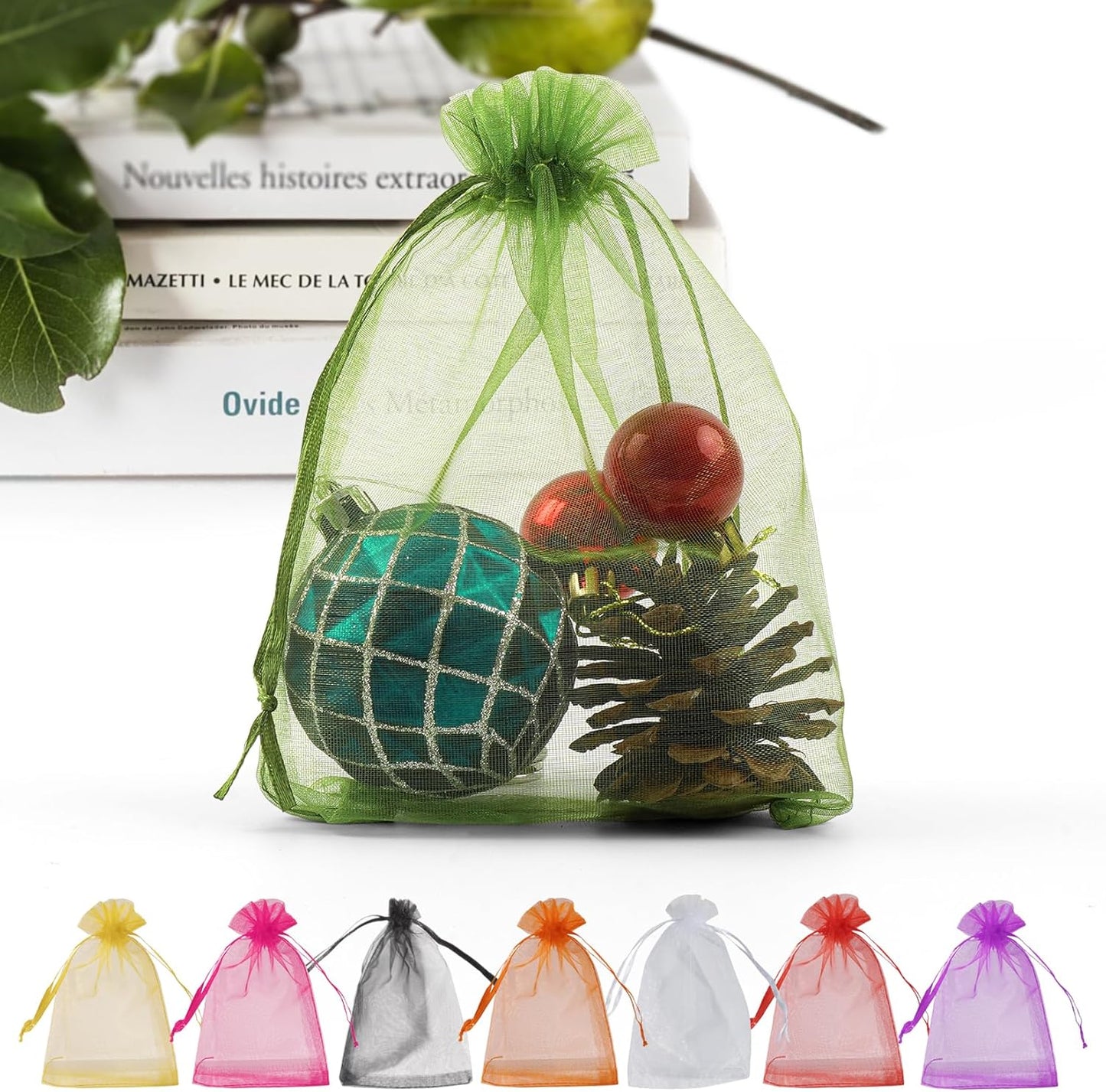 ANZNKU 100 Pack Green Organza Bags 4 x 6 inch Premium Sheer Drawstring Small Mesh Bags for Candy Jewelry Party Christmas Wedding Favor Gift Bag