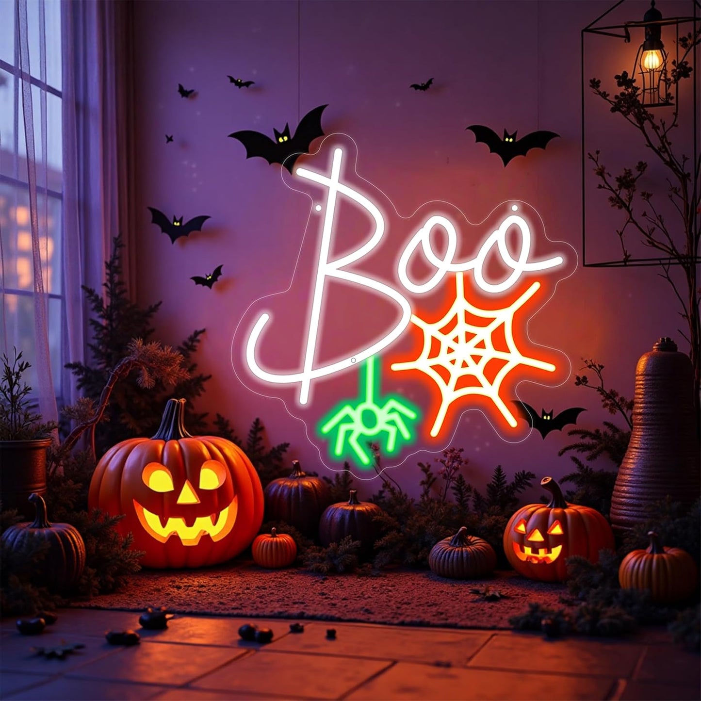 Boo Neon Sign Ghost Neon Light Lets Get Spooky Neon Light Halloween Home Decor Light, Orange White BOO Bat Neon Sign for Trick or Treat Party Backdrop Bedroom Club Bar Festival Gift