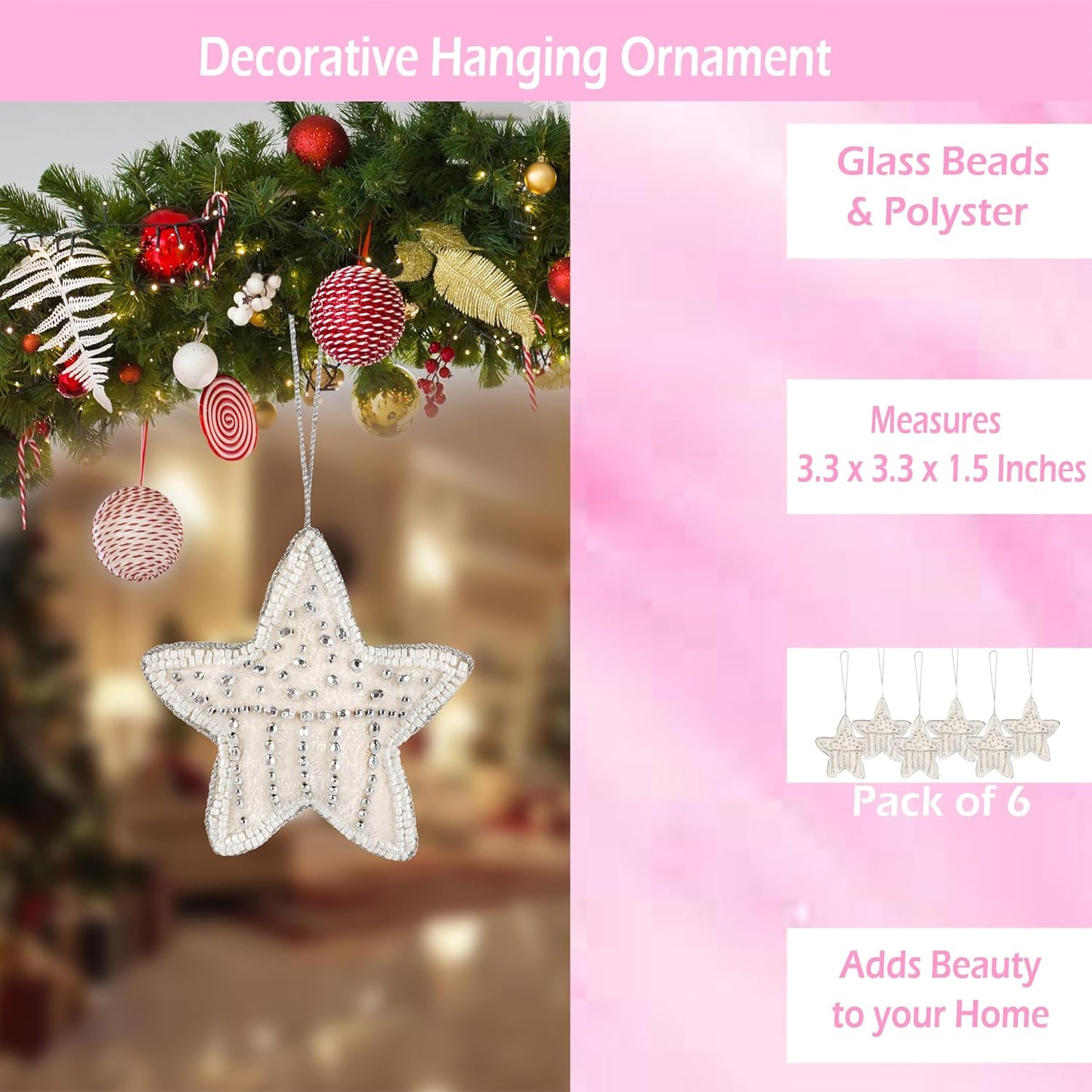 Beaded Star Hanging Ornaments with Twine - Beaded Decorative Ornaments Set of 6 for Tabletop Decoration, Bookshelf, Desk, Nightstand, Home, Office, Desktop, Cabinets, Shelf (White) - CLEENTABLE