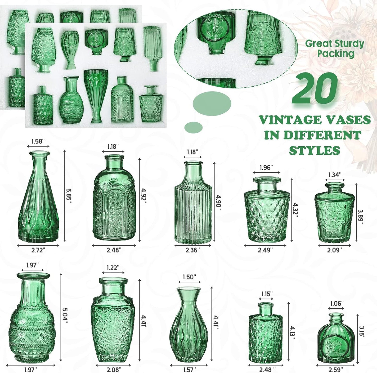 20 Pcs Glass Bud Vase Set Small Vintage Flower Vase in Bulk for Centerpieces Rustic Decorative Glass for Wedding Table Home Christmas Decoration (Grass Green)