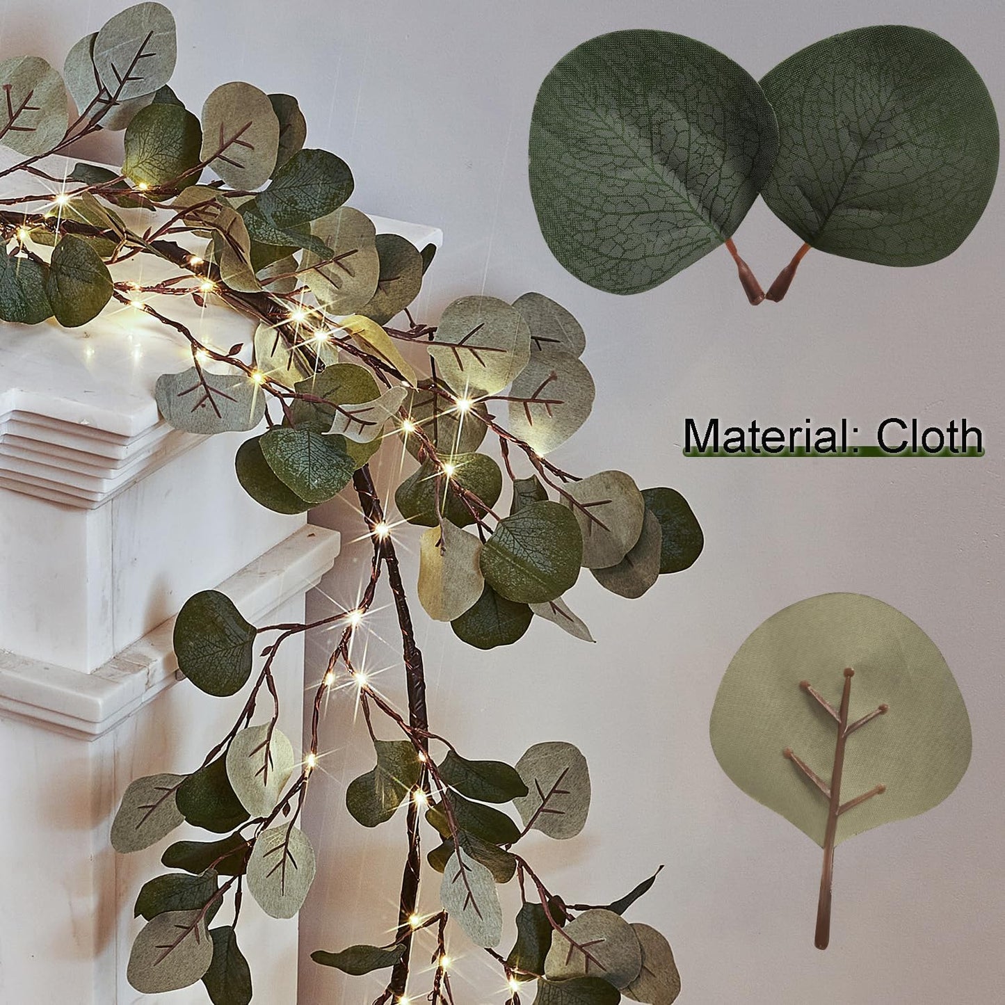 Birchlitland Decorative Garland Lights 6FT 96 LED Fairy Lights, Lighted Eucalyptus Twig Garlands with Timer Battery Operated for Bedroom Stairs Party and Holiday Decor Indoor Outdoor