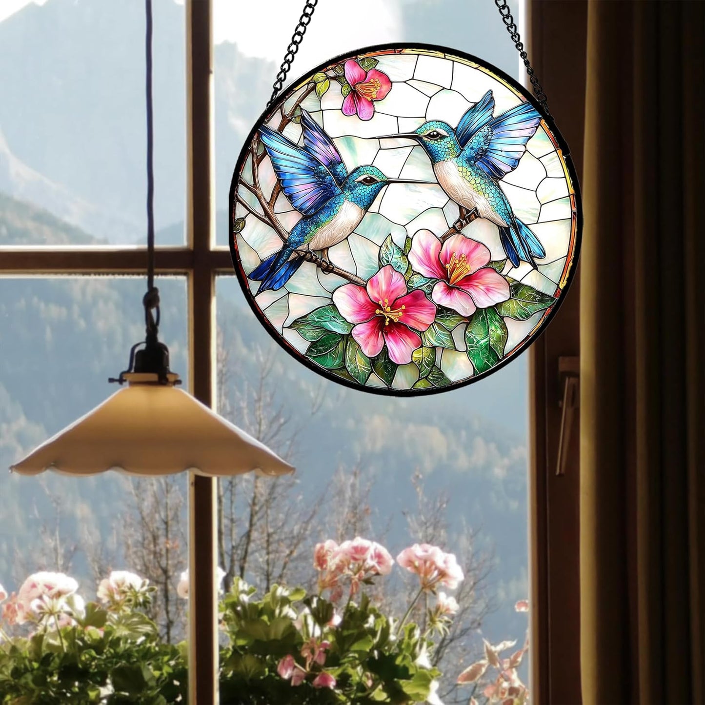 Stained Glass Window Hanging - Blue White Hummingbirds Pink Flowers Suncatcher for Door Terrace Garden Home Decor Bird Sun Catcher Birthday Gifts for Lovers Women Men Dad Mom Nana 6.3 in