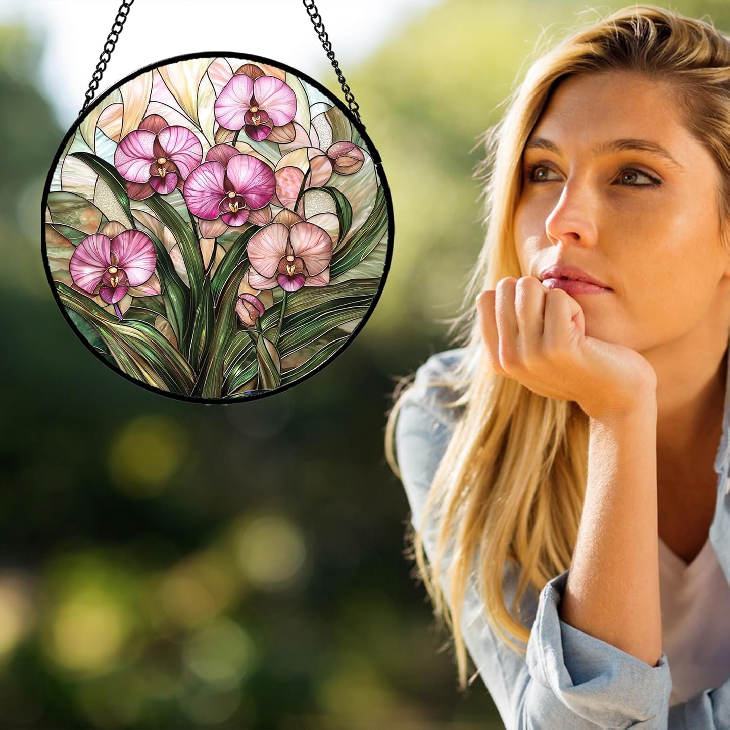 Stained Glass Window Hanging - Pink Phalaenopsis Orchid Green Leaves Sun Catcher for Door Home Decor Flower Suncatcher Christmas Mother's Day Birthday Gifts for Women Men Mom Nana 9.8 in