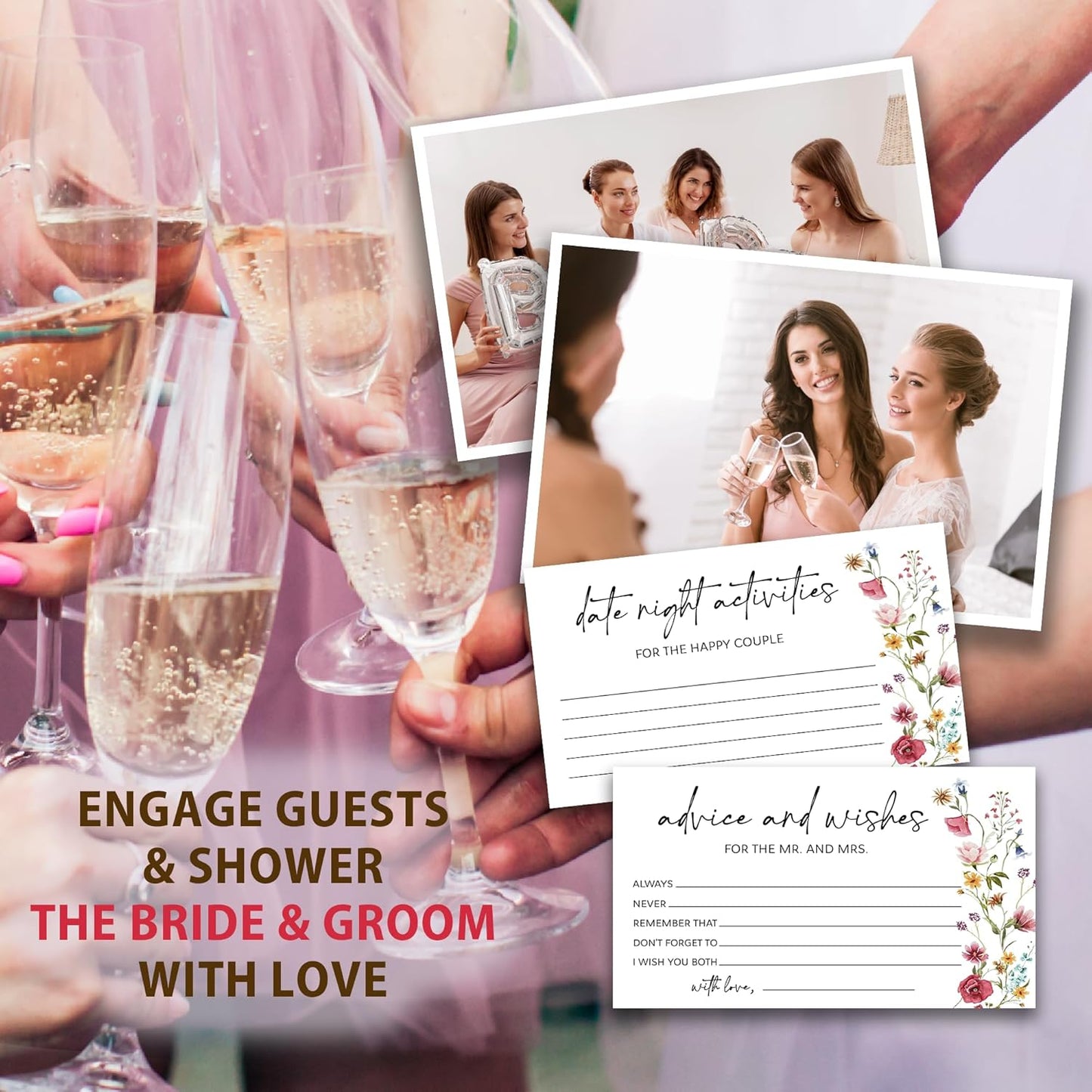 Wildflower Advice and Wishes for the Mr and Mrs - 50 Packs Wedding Advice Cards Bridal Shower Game Cards with Box Reception Guest Book for Bride Groom Newlywed Engagement Party Decoration -A04