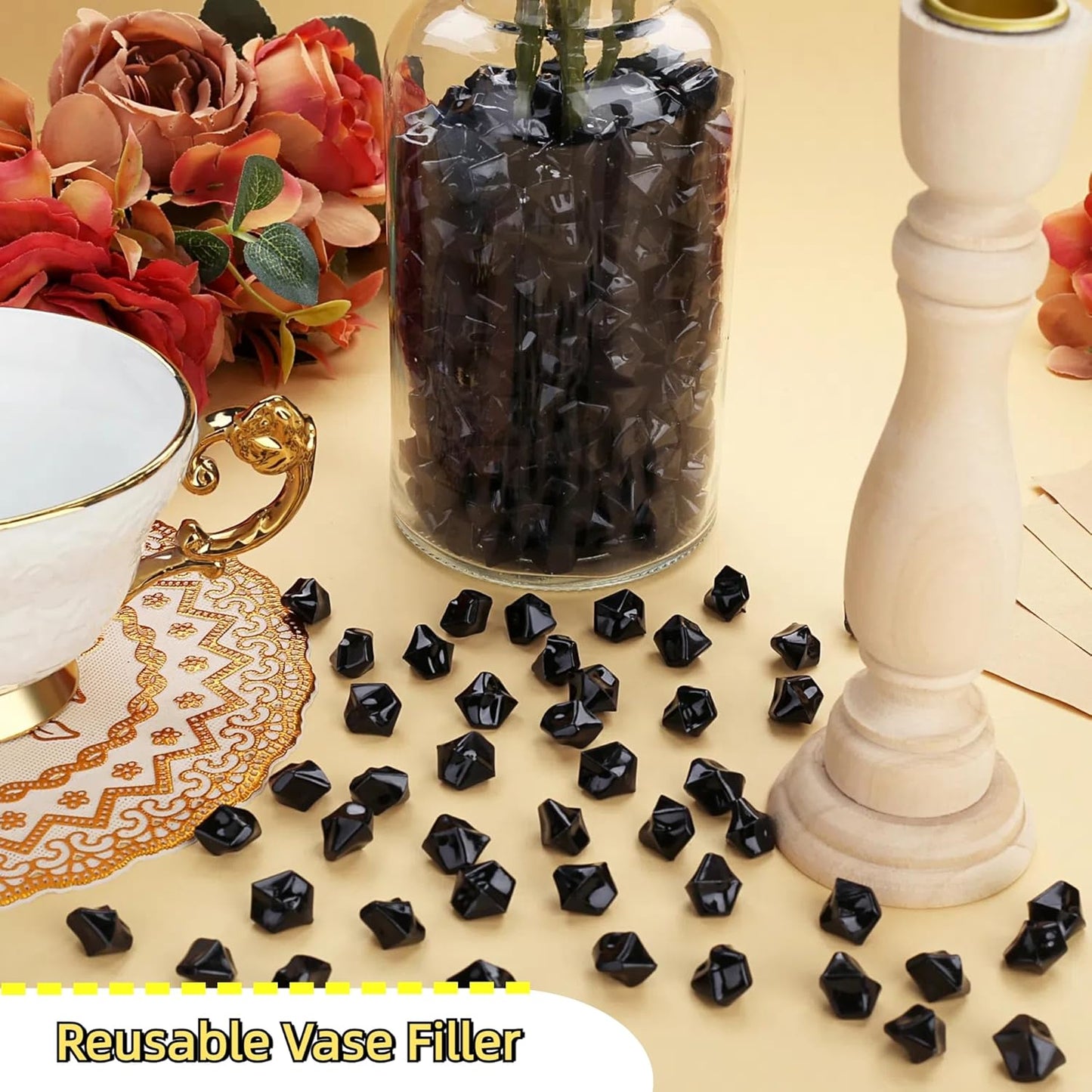 YATOJUZI 500pcs Fake Ice Cubes Black Acrylic Crushed Rocks Vase Fillers Plastic Diamonds Gems for DIY Party Wedding Centerpiece Table Scatter Prop Display 0.5" (Only Black)