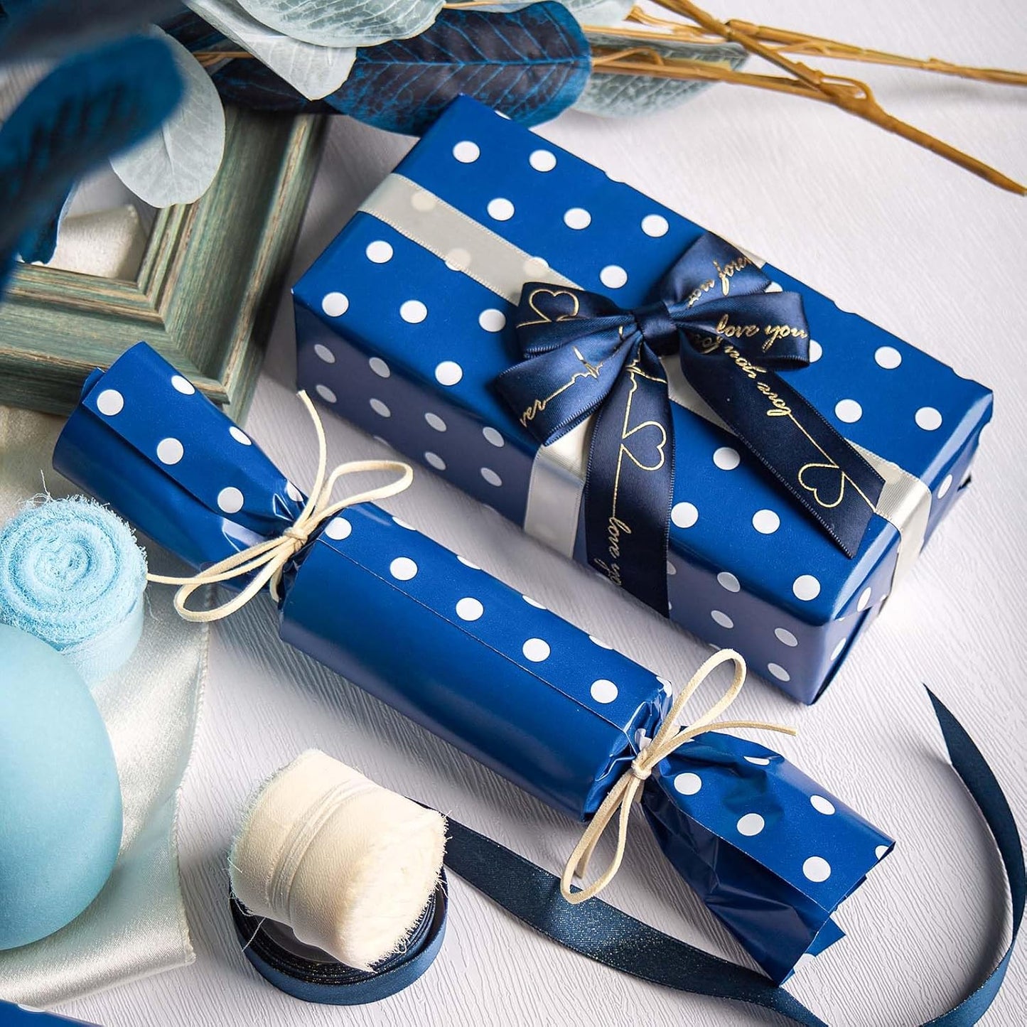 Flyhill Navy Blue Wrapping Paper,Reversible Gift Wrap Paper with Polka Dot Design for Father's Day,Birthday,Wedding,Baby Shower,All Holidays(17 Inch X 32.8 Feet)