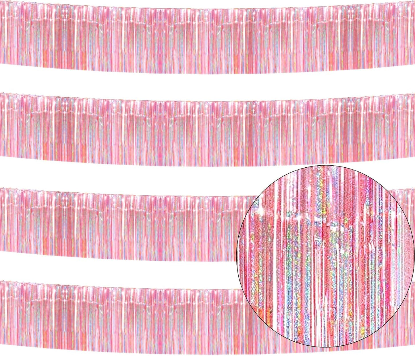 4 Pack Iridescent Pink Total 40 Feet Foil Fringe Garland Metallic Tinsel Banner Wall Hanging Drapes Parade Float Skirting Decorations for Trailer Mardi Gras Party Birthday Wedding