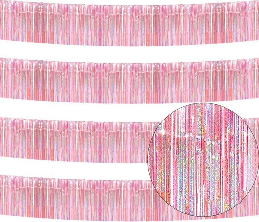 4 Pack Iridescent Pink Total 40 Feet Foil Fringe Garland Metallic Tinsel Banner Wall Hanging Drapes Parade Float Skirting Decorations for Trailer Mardi Gras Party Birthday Wedding