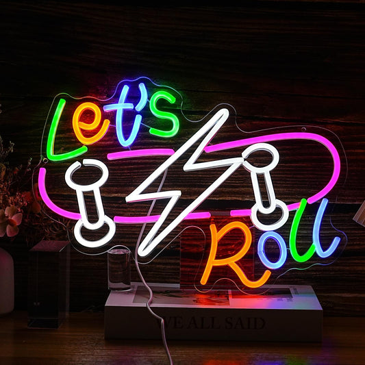 Let’s Roll Neon Sign Dimmable LED Skateboard Sign Light USB Cool Neon Light for Skateboard Shop Sports Bar Party Bedroom (16.5 * 12.2 In)