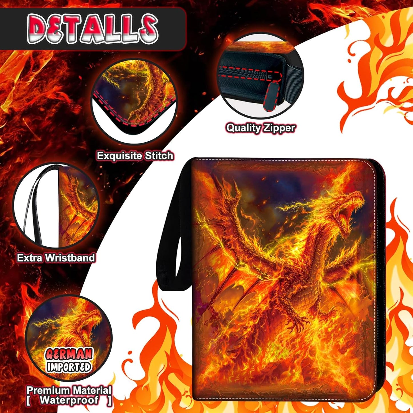 440 Card Binder 4 Pocket, 3-Ring Trading Card Binder with 55 Page Removable Sleeves, High Storage Waterproof Trading Card Holder Collection Card Album Carrying Organizer Case for MTG TCG Cards -Fire