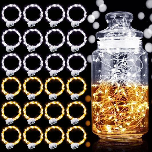 Aogist 24 Pack Fairy Lights 3 Modes 7ft 20 LED Waterproof,Battery Operated Silver Wire Firefly Starry Moon Mini String Lights for Mason Jars Christmas DIY Crafts Party Bedroom,Cool White&Warm White