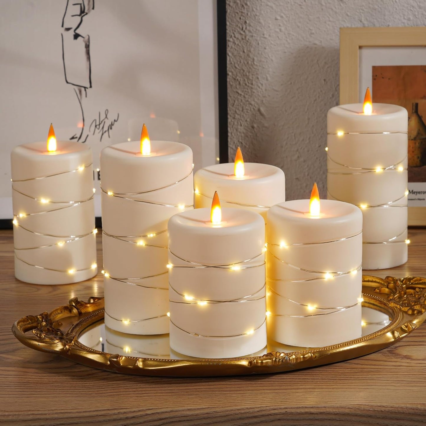 Upinmz 6 Pack Flickering Flameless Candles with String Lights,Unbreakable Acrylic Battery Operated Candle with Remote Control and Timer - Ivory White
