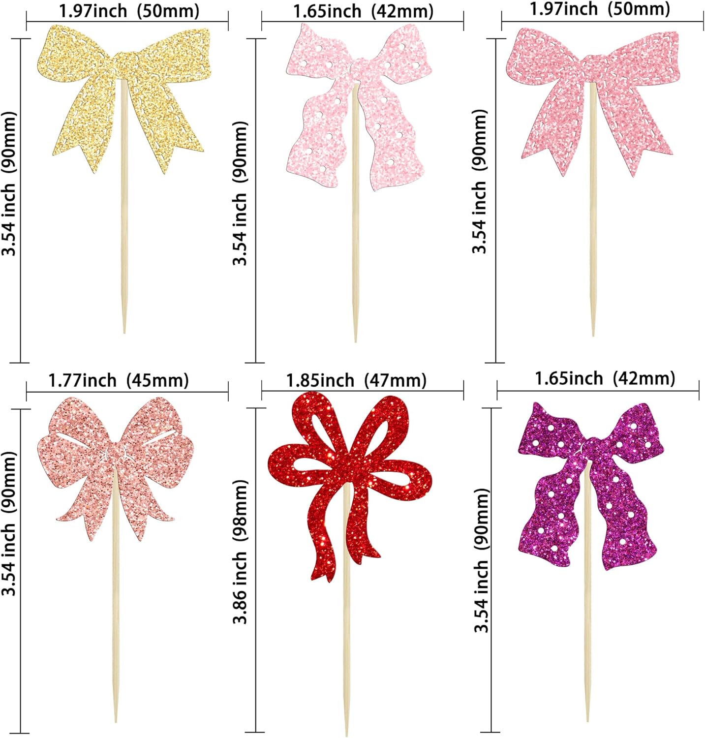 Ephlyn 24Pcs Bow Cupcake Toppers Bow Birthday Cake Topper Girls Birthday Party Decorations Bowknot Cupcake Decorations for Bridal Baby Shower Birthday Wedding Themed Party Pink Gold Purple Rose Red