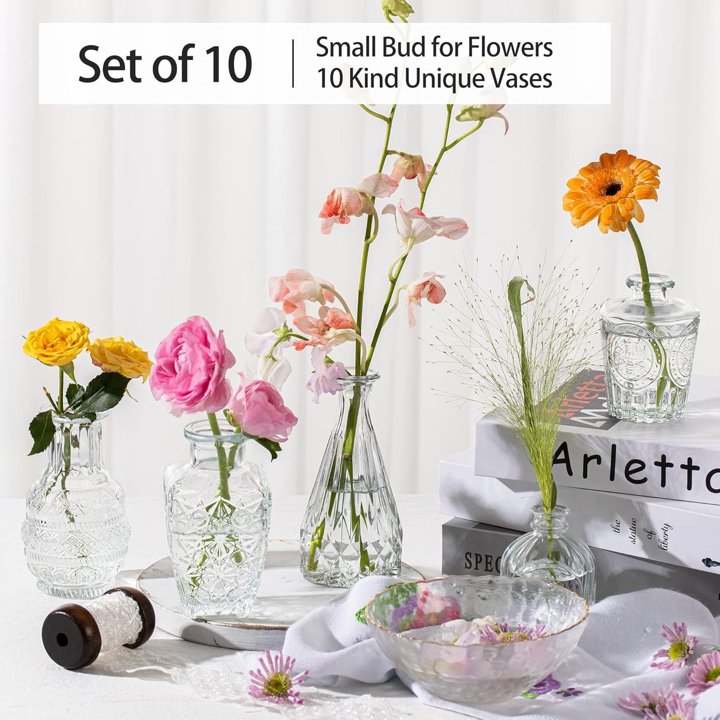 Vintage Small Vases for Flowers Set of 10, Mini Bud Vases for Flowers,Clear Small Vases in Bulk for Centerpieces Decorations,Wedding Party Home Coffee Table Flower Decor (Clear)