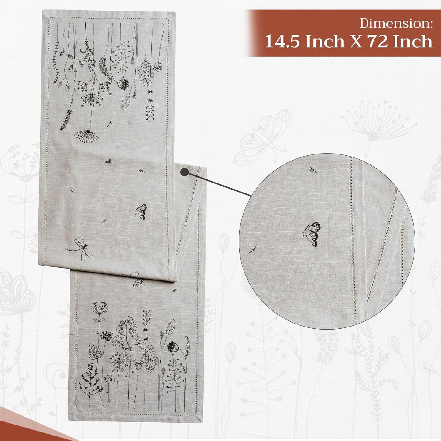 Maison d' Hermine Table Runner 100% Cotton Single Layer Table Runners 72 inches Long Decorative for Home Kitchen Dining Party Baby Shower Wedding Bridal Shower Spring Summer (Flore, 14.50" x 72")