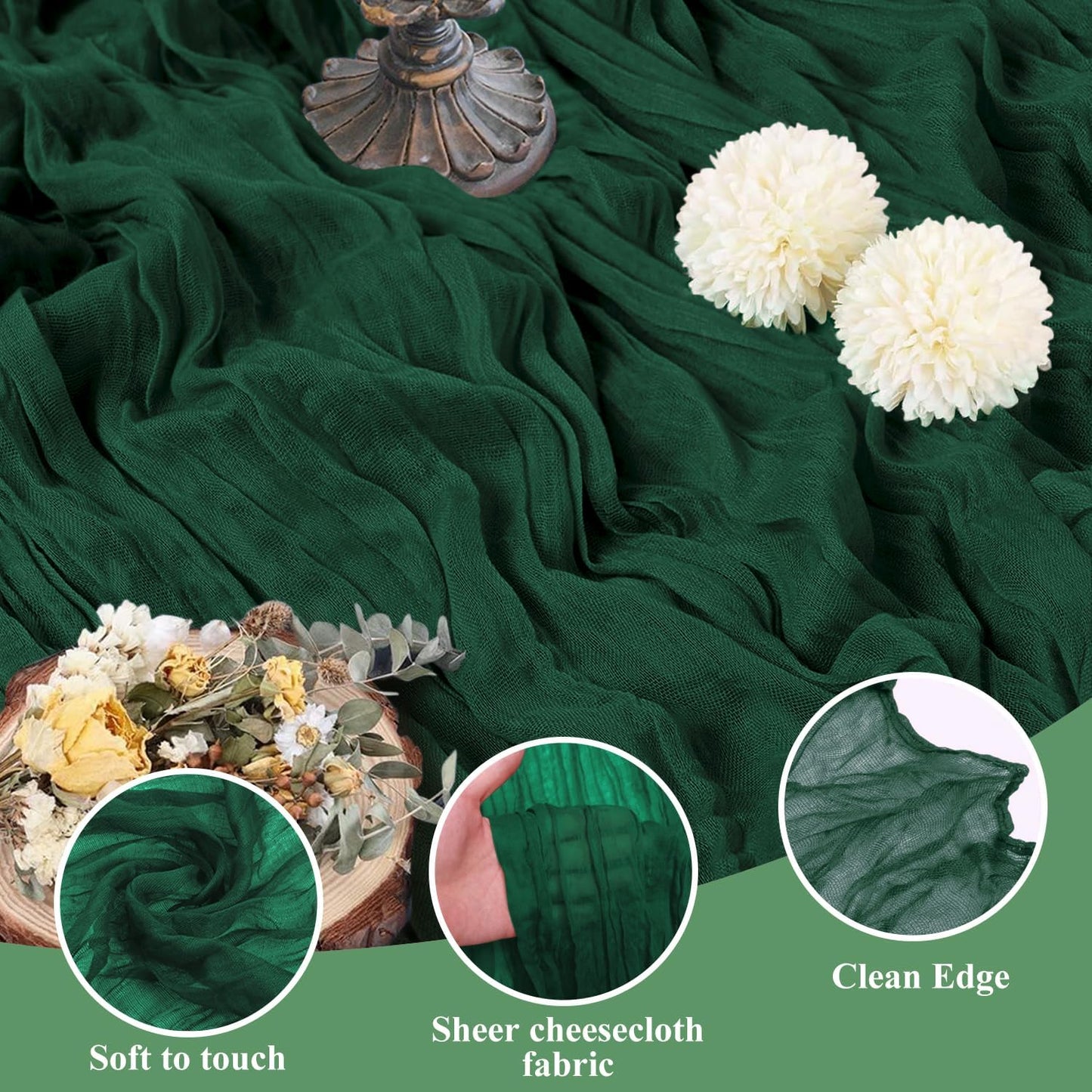 Asee'm 3PCS Table Runner Cheesecloth 10FT Emerald Green Boho Gauze Fabric Rustic Sheer Cheese Cloth Runners for Wedding Bridal Shower Party Spring Easter Decoration