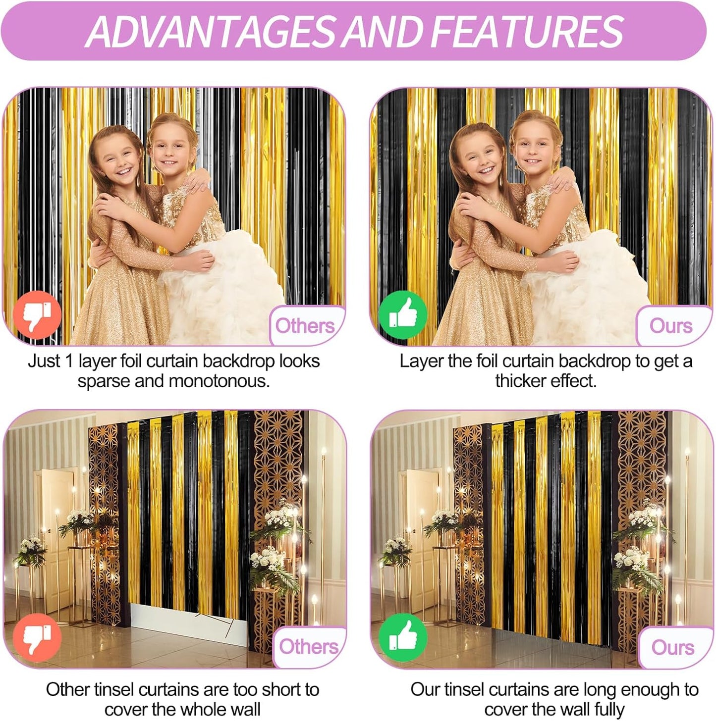 Crosize 2 Pack 3.3 x 9.9 ft Gold and Black Foil Fringe Curtains Party Decorations, Gold Tinsel Curtain Backdrop for Parties, Door Streamers, Glitter Streamer Fringe Backdrop for Birthday Decoration