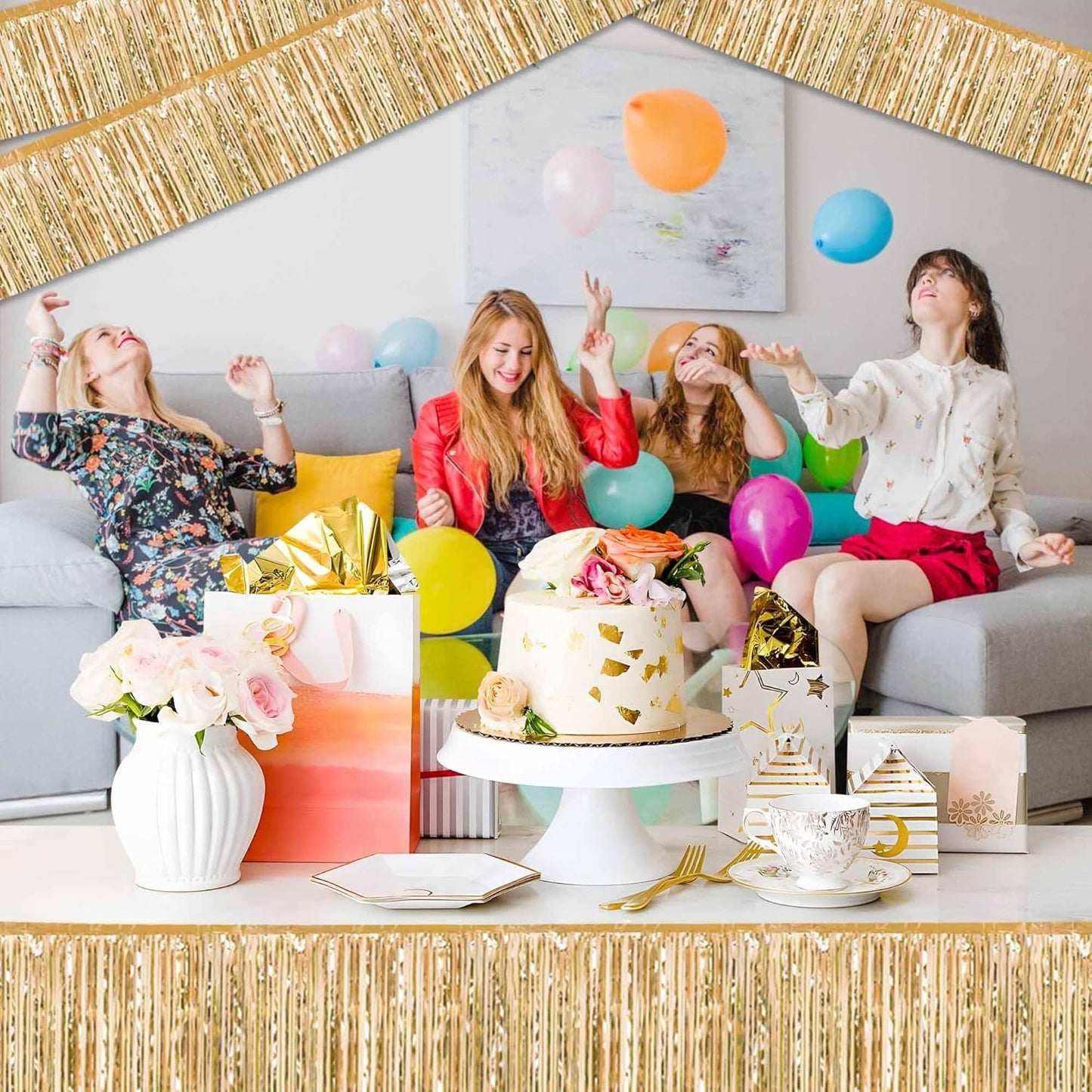 4 Pack 10 Ft Champagne Gold Foil Fringe Garland Metallic Streamers Tinsel Banner Wall Hanging Garland Backdrop for Parade Floats, Halloween, Christmas, Thanksgiving, New Year Party Decorations