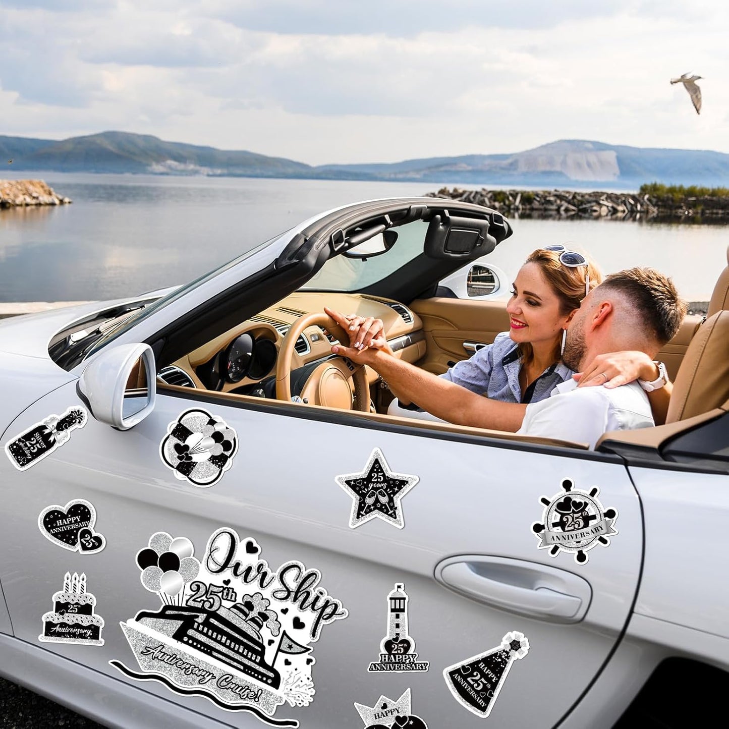 25th Anniversary Cruise Door Magnets Decorations, Black Silver Happy 25th Anniversary Cruise Ship Door Decor Magnetic for Married in 2000 Men Women Wedding Party Refrigerator Fridge Car Kitchen Garage