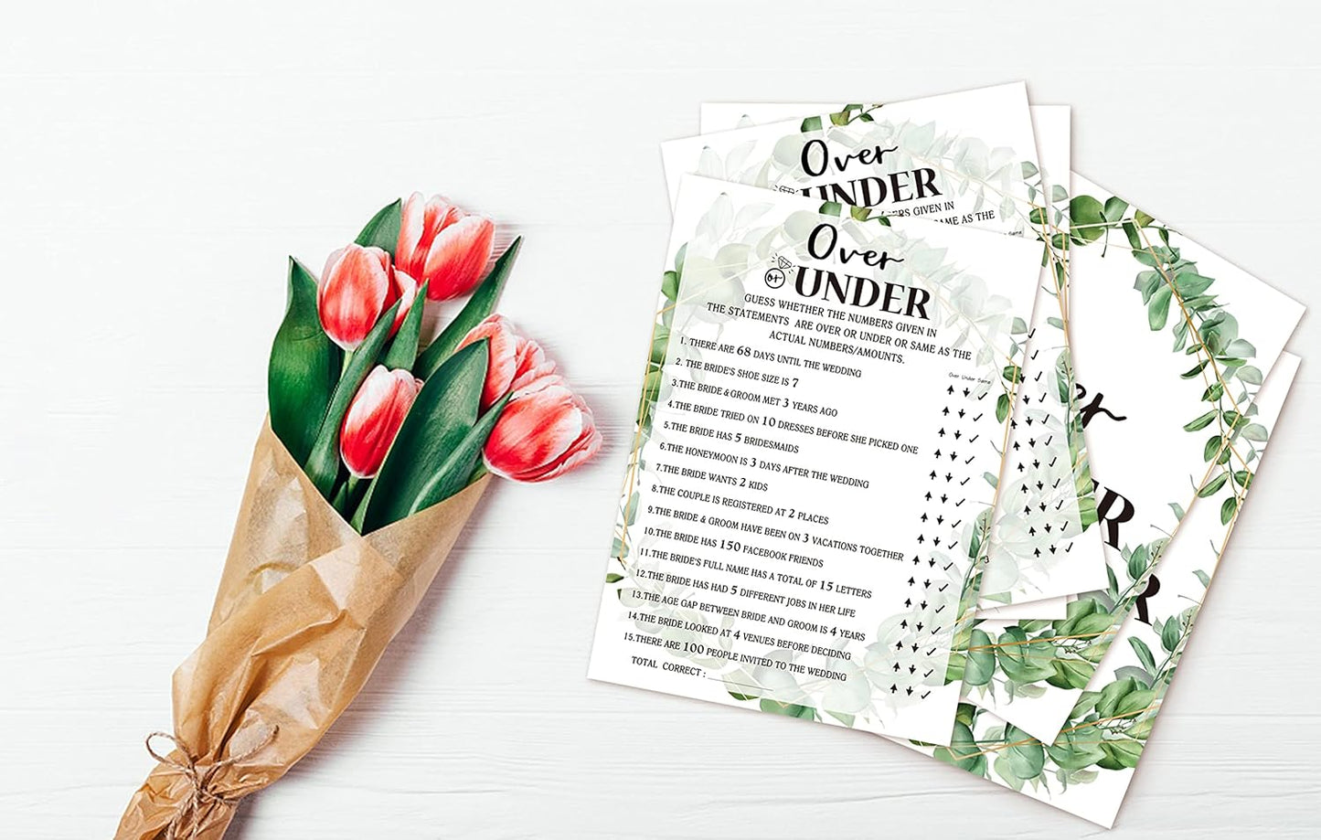 Bridal Shower Game - Over or Under, Tropical Jungle Theme Engagement Party Set of 30 Cards (Leaf009)