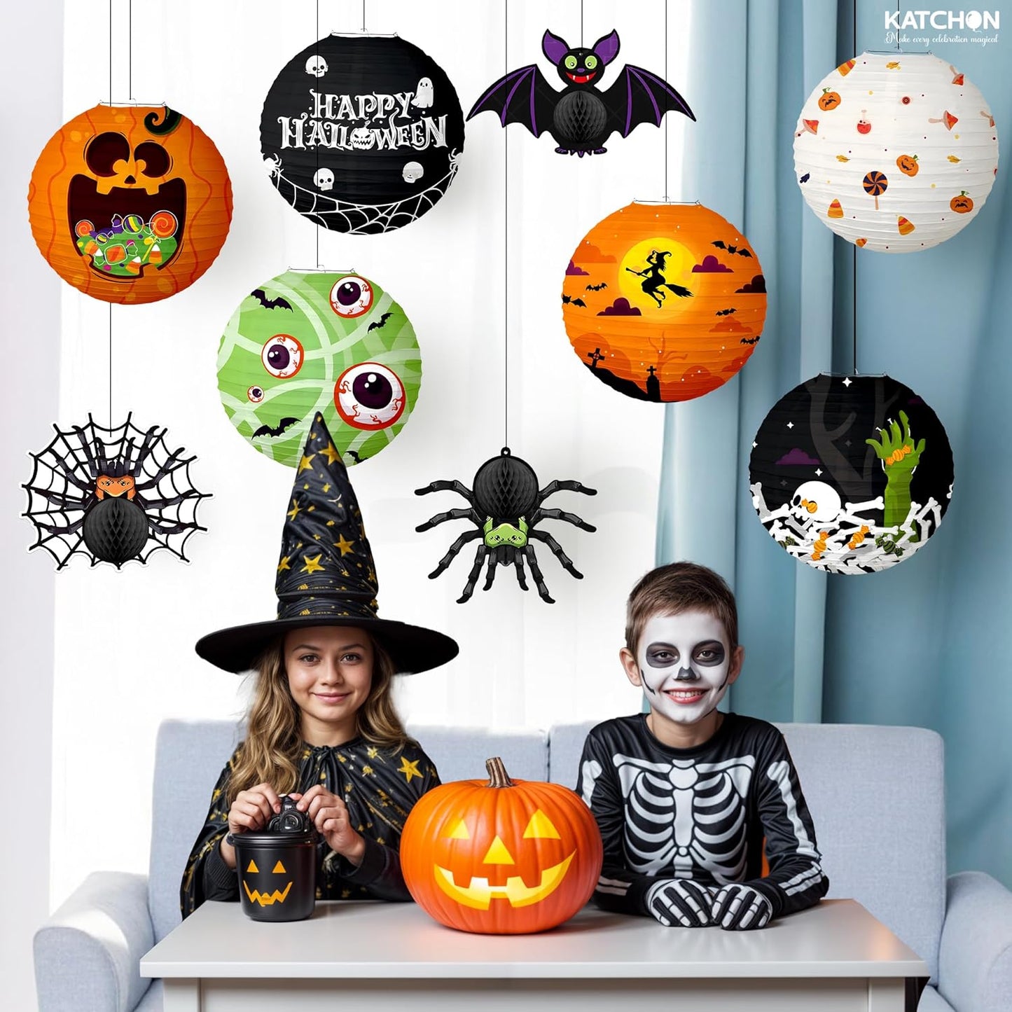 KatchOn, Halloween Paper Lanterns & Honeycomb Set – Pack 9 | Hanging Halloween Decorations Indoor, Outdoor | Spooky Hanging Decorations | Halloween Honeycomb for Halloween Party Decorations