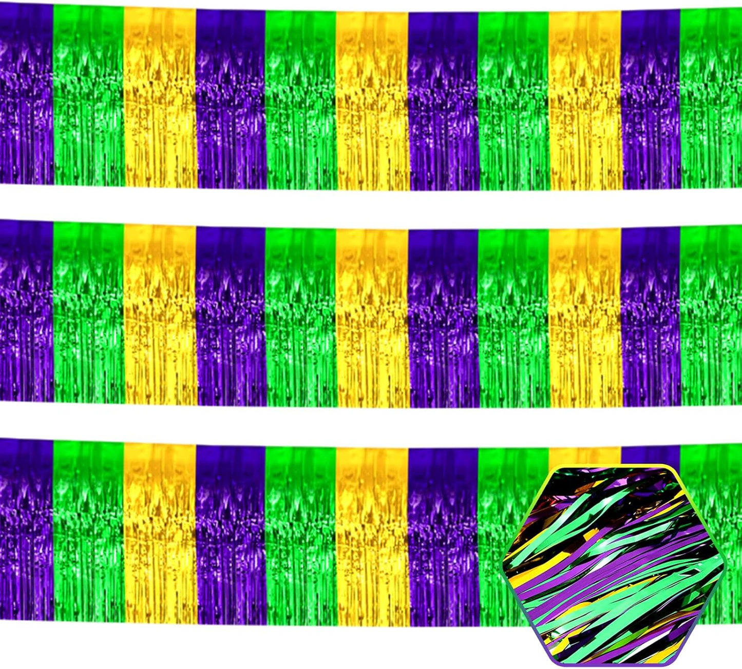 3 Pack 10 Long Gold Green Purple Metallic Foil Fringe Garland Wall Hanging Tassle Banner, Mother's Day, Easter, Parade Floats, Birthday, Theme Party, Wedding Party Decorations