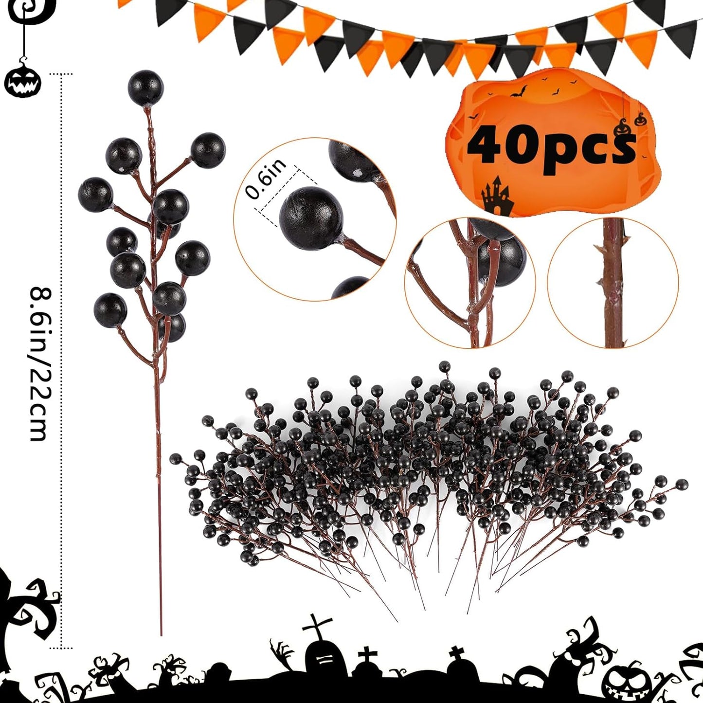 40 Pcs Artificial Berry Stems Branches, Halloween Black Faux Holly Berries Picks Ornaments for Christmas Tree Wreath DIY Craft Decorations Holiday Home Decor (40, Black)