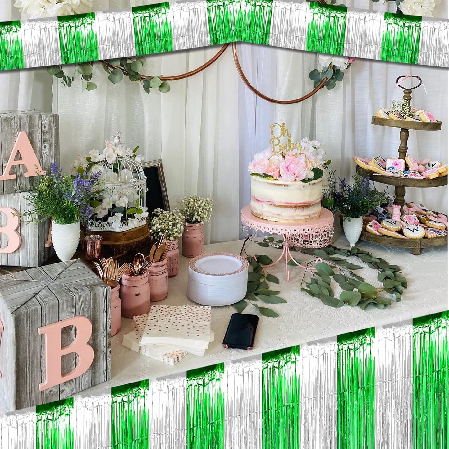 10 Pack 10 Feet Foil Fringe Garland Metallic Tinsel Streamers Banner Wall Hanging Backdrop for Parade Floats, Bachelorette, Wedding, Birthday, Mardi Gras St Patrick Day Party Decorations(Silver Green)