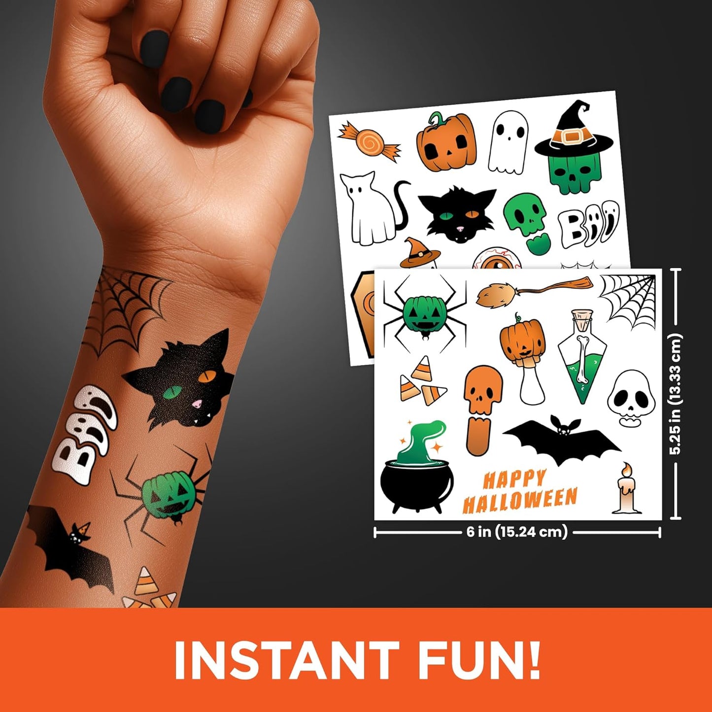 Spooky Halloween Temporary Tattoos Variety Pack – 100+ Scary Designs for Kids & Adults, Includes Ghosts, Skulls, Pumpkins & Bats, Halloween Party Favors & Trick-or-Treat Handouts