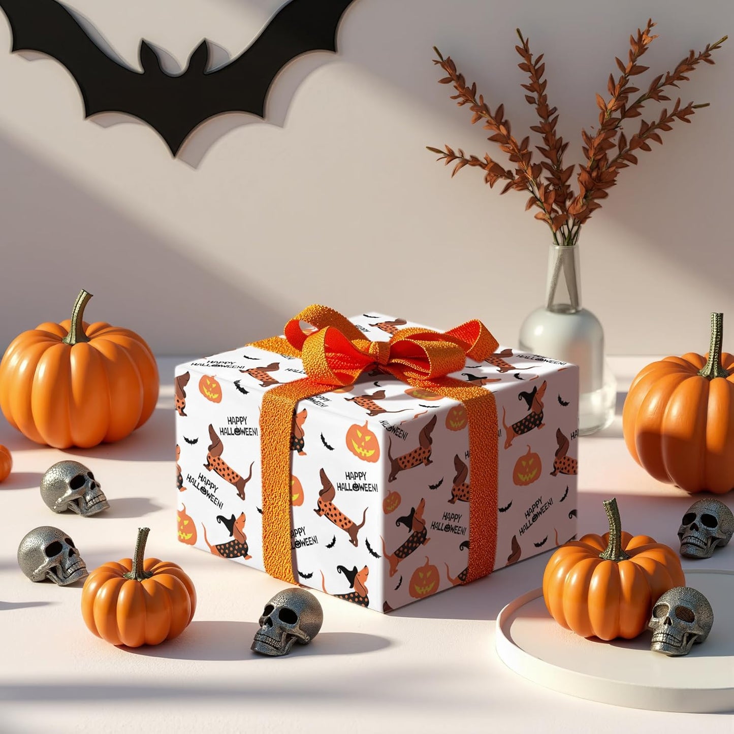 LeZakaa Halloween Dachshund Wrapping Paper Roll, Cute Dachshund Dogs with Pumpkins Bats for Pet Lovers, Kids, Family, Party, Trick-or-Treat Presents, Mini Roll 17 in x 16.4 Ft