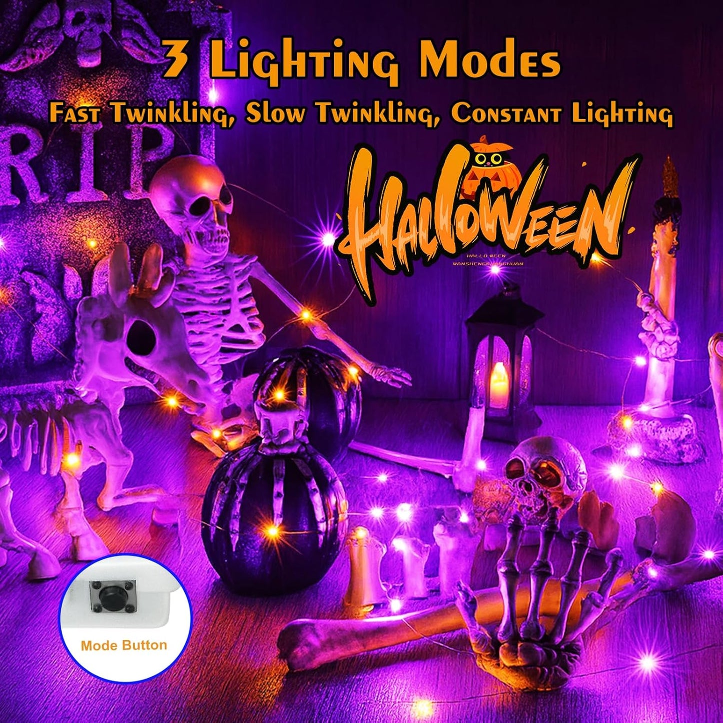 btfarm 12 Pack Fairy Lights Battery Operated [3 Modes], 7ft 20 Led Orange Purple Twinkle Lights String Lights Waterproof Bulk Mini Silver Wire for Halloween Mason Jars Vases Table Centerpiece Decor