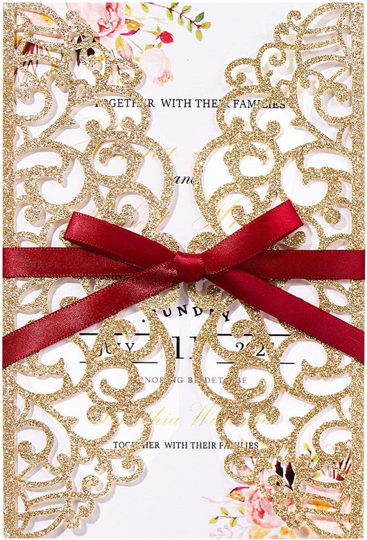 25pcs Personalized Wedding Invitations with Envelopes and RSVP Cards Blank Rose Gold 5×7 Glitter Laser Cut Invitation Pockets for Wedding Engagement Bridal Shower Birthday Quinceañera Anniversary