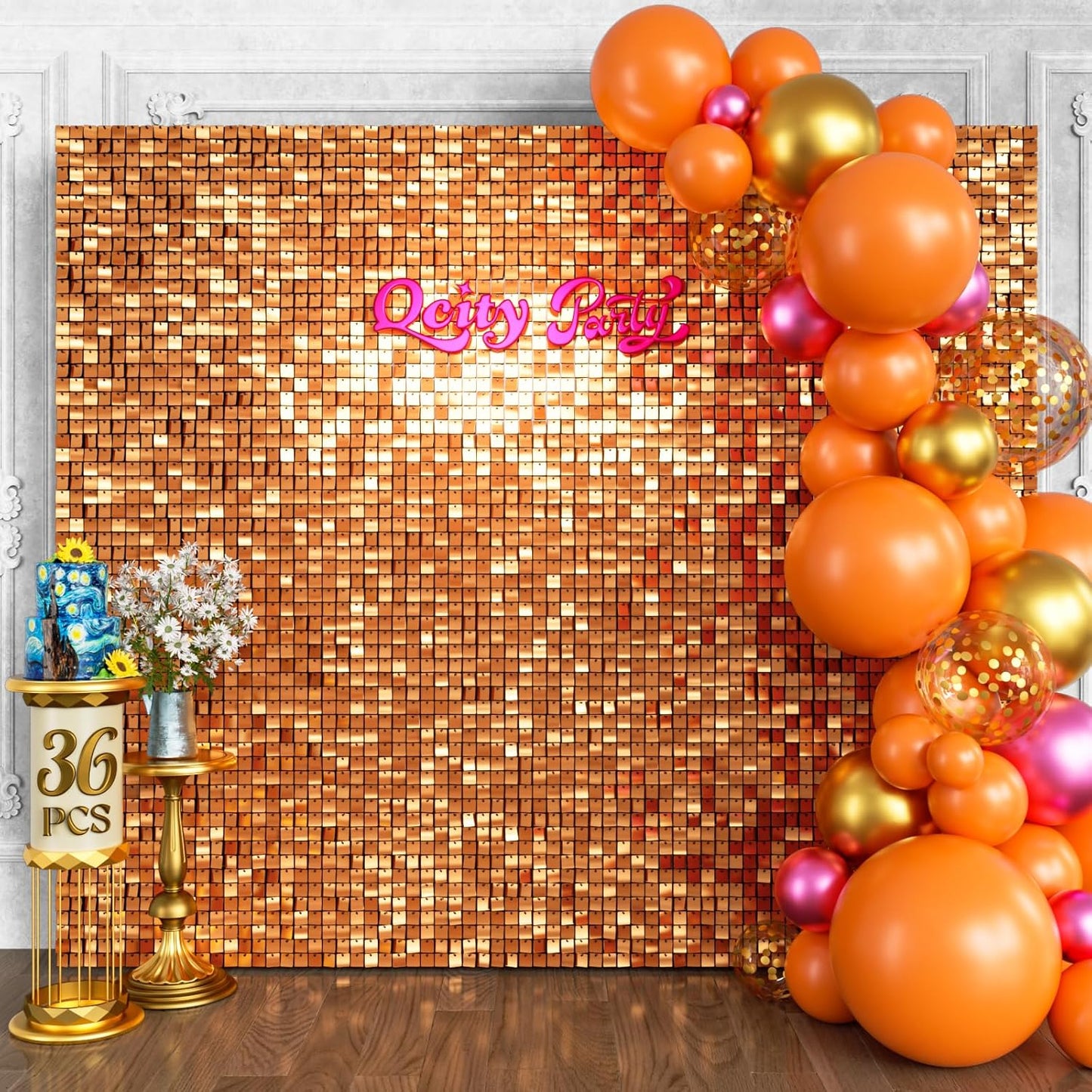 Qcity Orange Shimmer Wall Backdrop 36PCS, Black Back Not See-Through Design, Square Sequin Glitter Backdrop Panel, Perfect for Outdoor Events, Birthdays, Wedding and Party Decoration