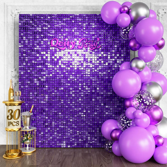 Qcity Purple Shimmer Wall Backdrop 30PCS, Black Back Not See-Through Design, Square Sequin Glitter Backdrop Panel, Perfect for Outdoor Events, Birthdays, Wedding and Party Decoration
