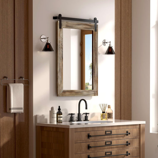 COGOOD Farmhouse Barn Door Mirror - 21 x 30 Rustic Wood Framed Wall Mirror for Bathroom, Living Room, Entryway Wall Decor (Striped Brown)