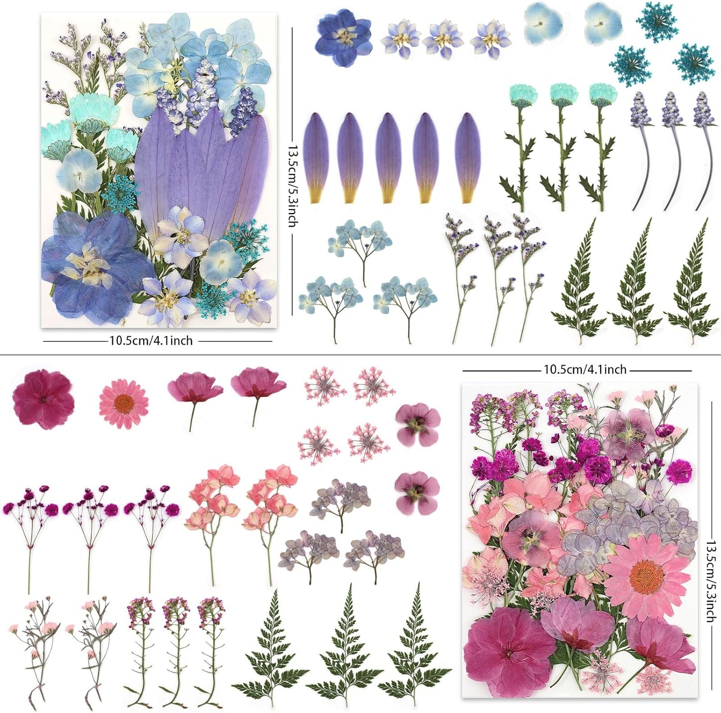110P 4 Color Long Stem Dried Flowers for Crafts, Real Natural Pressed Flowers in Mixed Tones for Resin Art, DIY Crafts, Jewelry & Candle Decor – Tweezers Included