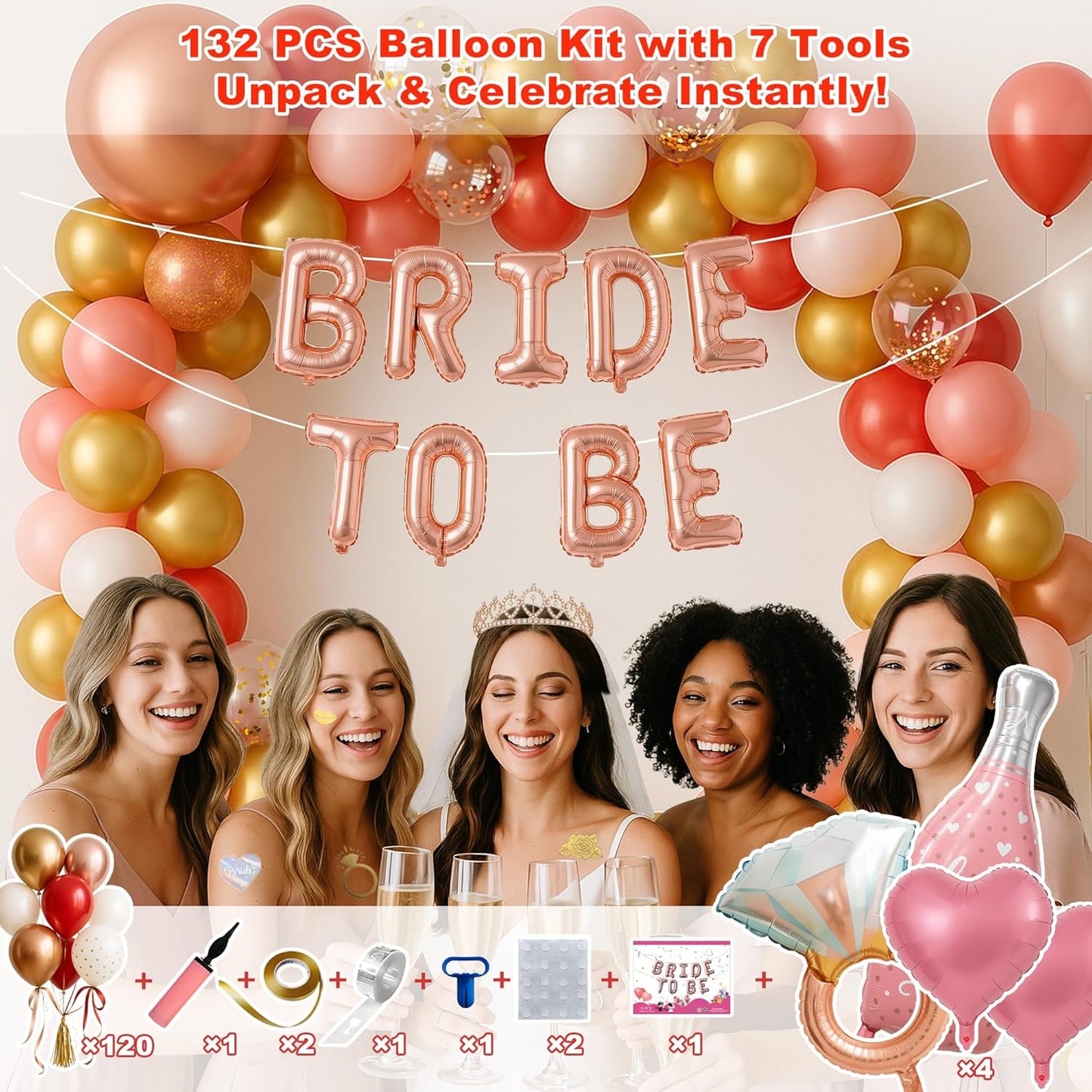 168PCS Bridal Shower Decorations Kit – Rose Gold Bachelorette Party Supplies with Bride To Be Foil Balloon, Shoulder Sash, Veil, Crown, Balloons, Props, Fringe Curtains, Tattoos, Cake Toppers