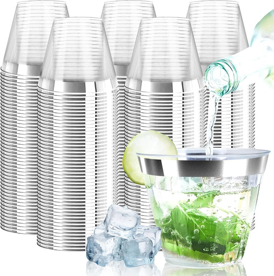 [200 Pack] 9oz Clear Plastic Cups with Silver Rimmed Sturdy & Food Safe Disposable Wine Glasses Party Wedding Disposable Drinking Cups Plastic Cocktail Glasses for Wine, Juice & Cold Beverages
