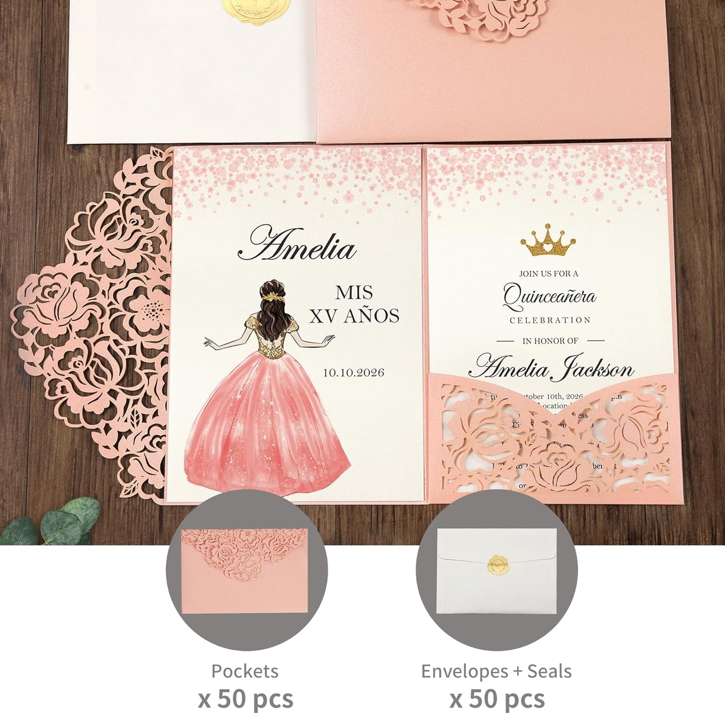 DORIS HOME 50pcs Laser Cut Quinceanera Invitation Pockets with Envelopes Pink, 5.12" x 7.12"Invitation Cards for BirthdayMiss 15, Sweet 16 (No Inserts Included)