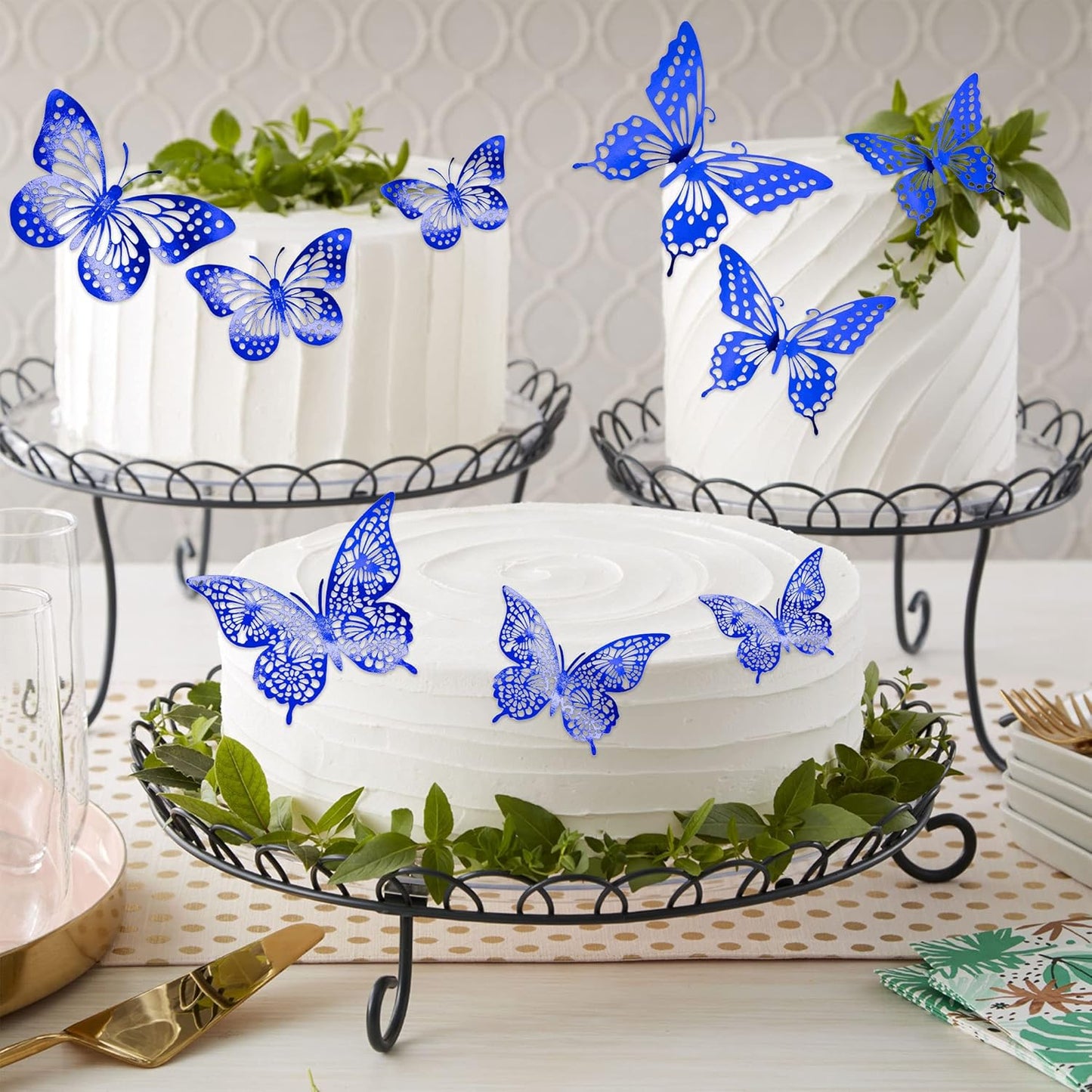 Gyufise 36 Pack Blue 3D Butterfly Cupcake Toppers Hollow Butterfly Cake Decorations for Birthday Wedding Fairy Party Butterfly Wall Sticker Decal for Background Wall Decoration