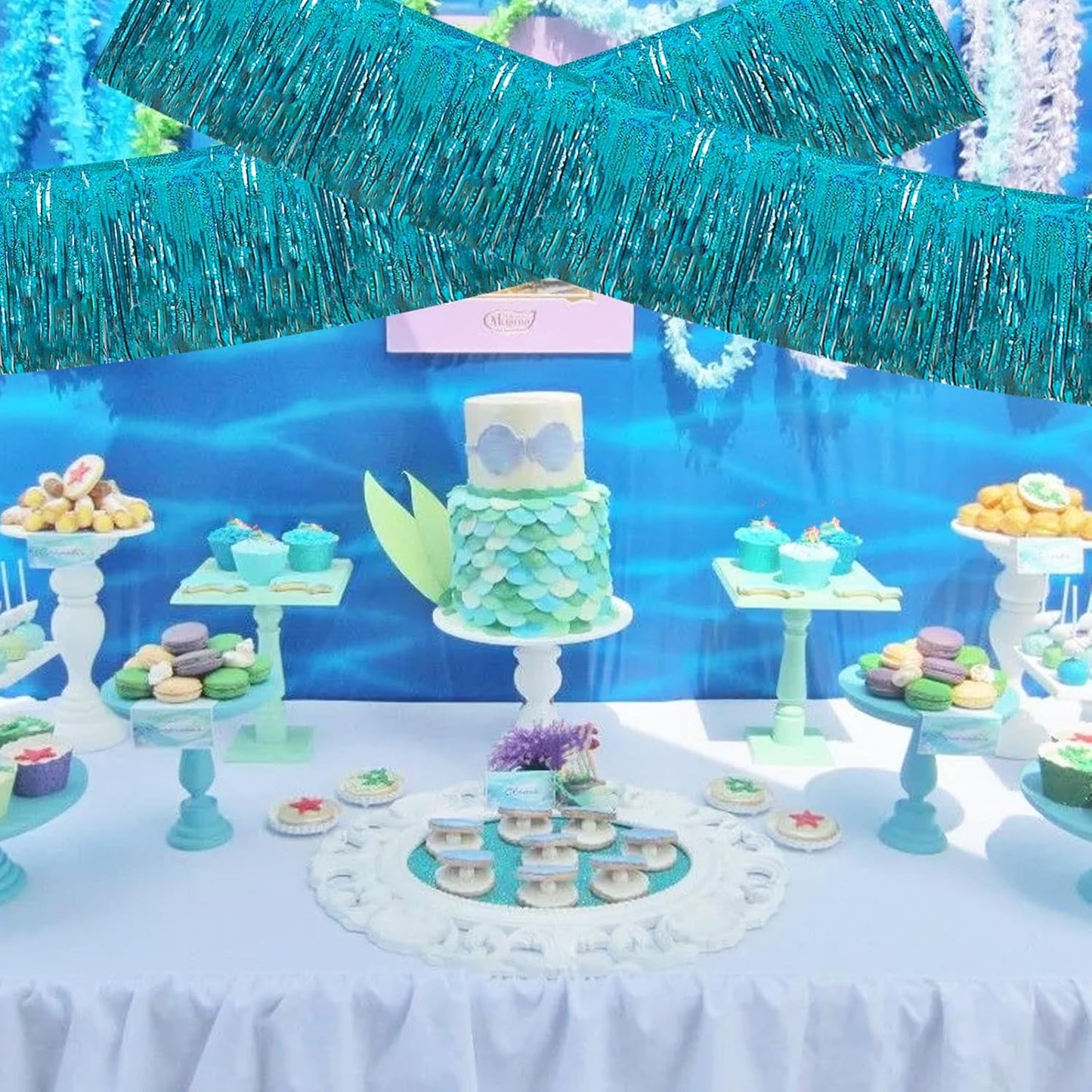 BEISHIDA 3 Packs Metallic Foil Fringe Garland Laser Lake Blue Wall Hanging Tinsel Fringe Banners for Car Floats Bridal Shower Wedding Birthday Easter Graduation Holiday Party Decoration(30 Feet)