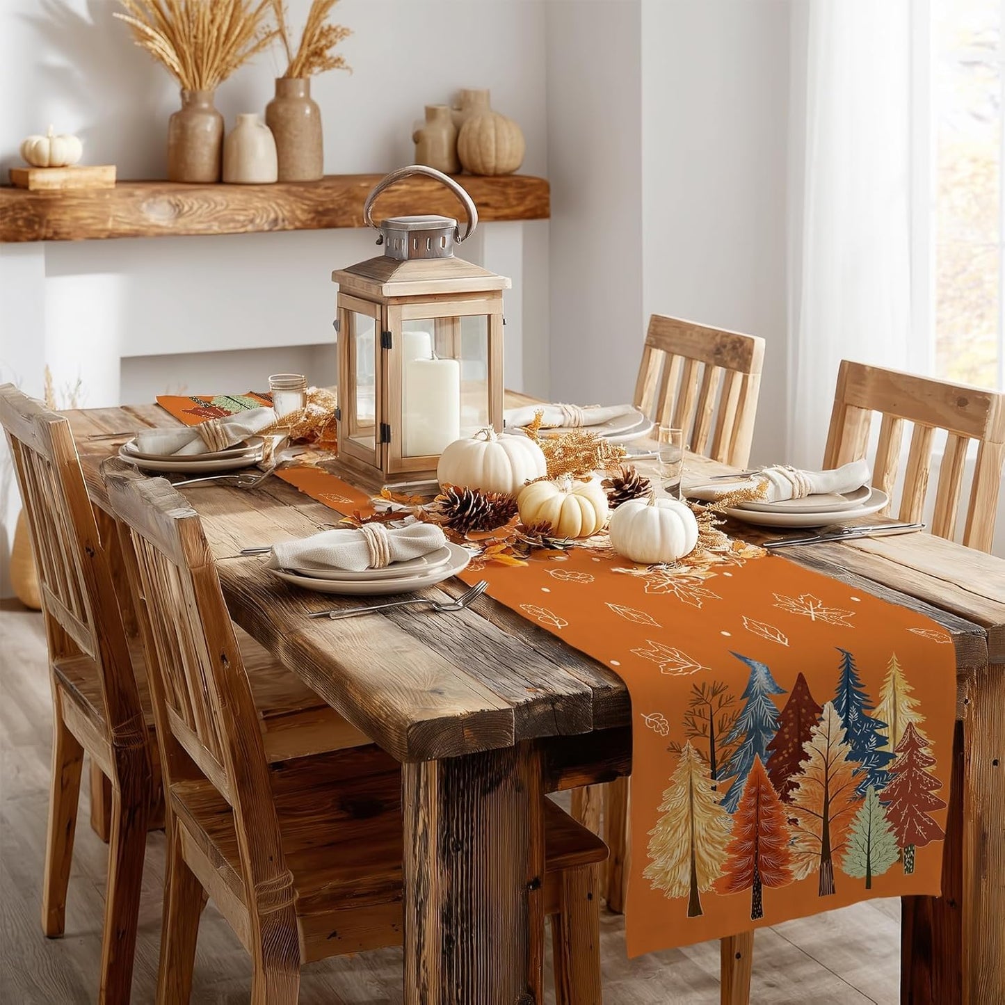 GEEORY Fall Watercolor Trees & Maple Leaves Table Runner 13x60 Inch, Rustic Farmhouse Autumn Thanksgiving Decor for Kitchen, Dining, Indoor/Outdoor Holiday Dinner Party Orange GT158-60