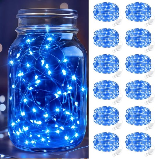 btfarm 12 Pack Fairy Lights Battery Operated, 7FT 20 LED Mini String Lights Waterproof Silver Wire for Mason Jars Centerpiece Table Crafts Bedroom Christmas Decoration, Blue