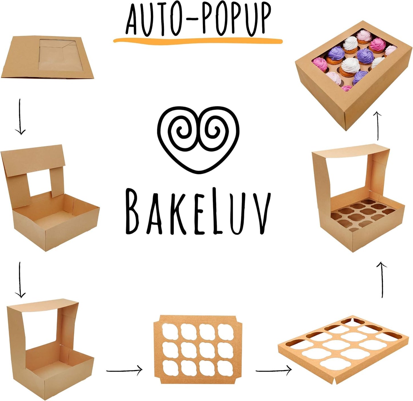 BAKELUV Brown 12 Cupcake Boxes, Cupcake Containers | 13x9.5x4, 12 Pack | 12 Cupcake Box Bulk, Cupcake Boxes 12 Count Carrier, Option to 14x10x4 Bakery Boxes with Window, ¼ Sheet Cake Box 13x9 Inches