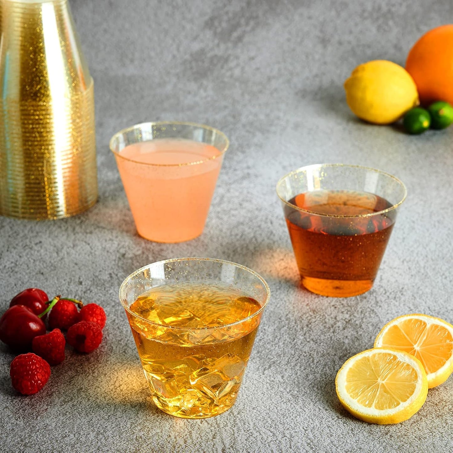 FOCUSLINE 9 oz Gold Plastic Cups, Disposable Clear Fancy Hard Plastic Cups, Gold Glitter, Heavy Duty, Reusable,100 Count