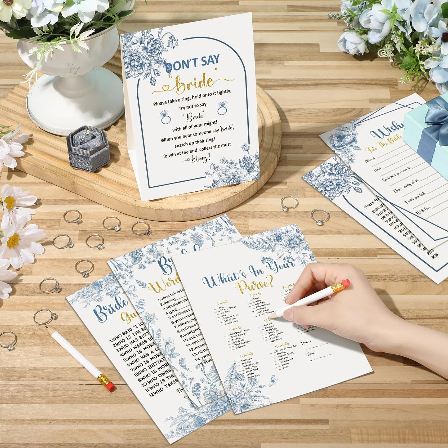 Estune 331 Pcs Bridal Shower Games Supplies, 5 Sets 250 Pcs Wedding Games Cards, 60 Pcs Rings, 20 Pcs Pencils (Blue Floral Style)