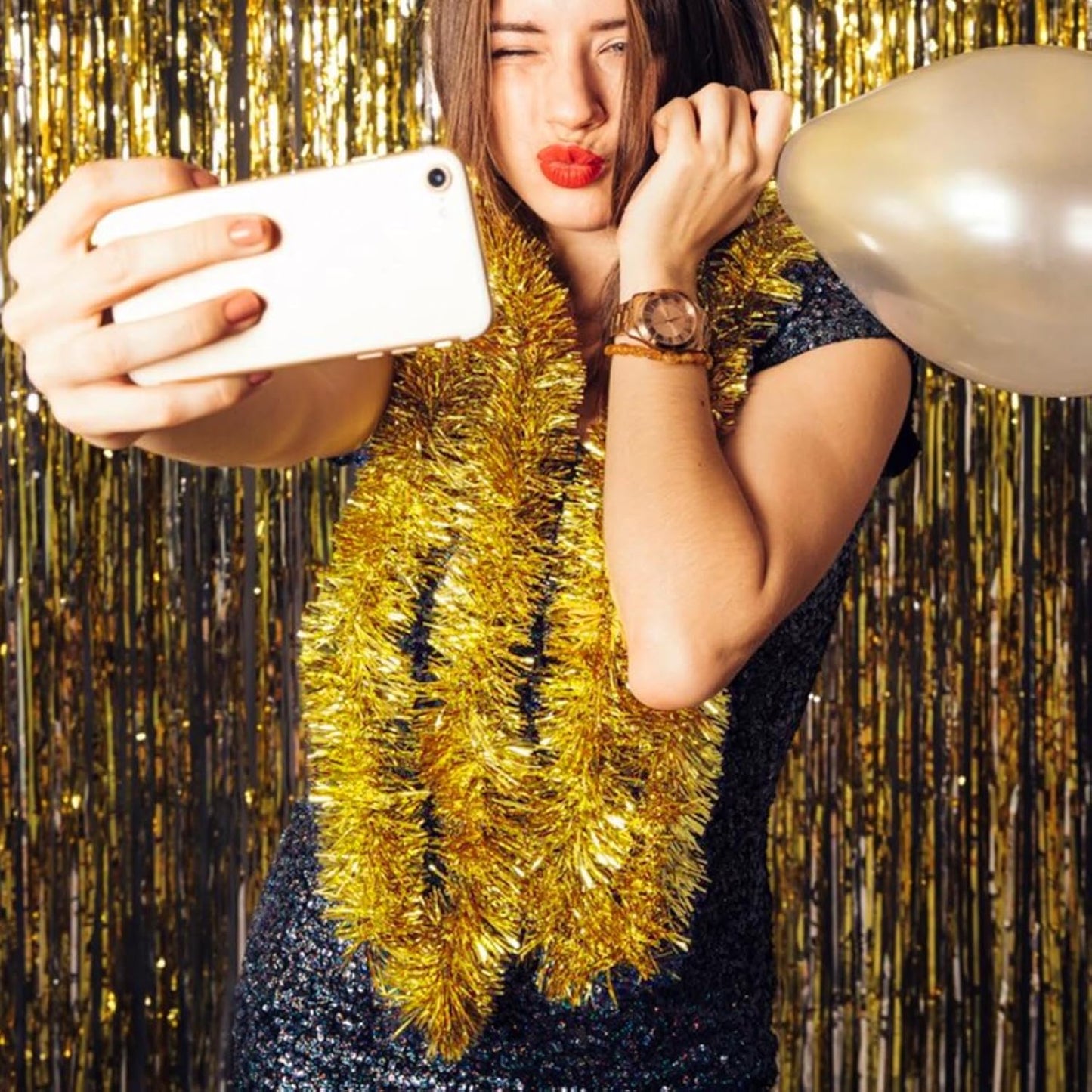 25 Feet Christmas Tinsel Garland, Metallic Twist Wall Hanging Tinsel Backdrop for Parade Floats, Carnival, Birthday, Wedding, New Year Party Decorations (Gold, 4in x 25ft)