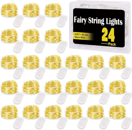 24Pack Fairy Lights,Battery Operated String Light,6.6FT 20 LED Mason Jar Lights,Waterproof Silver Wire Firefly Light,Mini String Light for Mason Jars Wedding Party Christmas Decor,Warm White