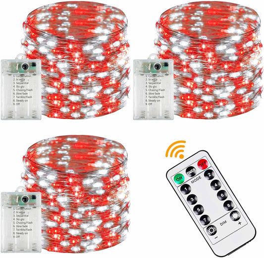 3 Pack Fairy Light Battery Operated with Remote Control Timer, 26 FT 80 LED String Lights Outdoor Indoor, 8 Mode Twinkle Lights for Christmas Party Wedding Birthday Bedroom Decoration (Red and White)