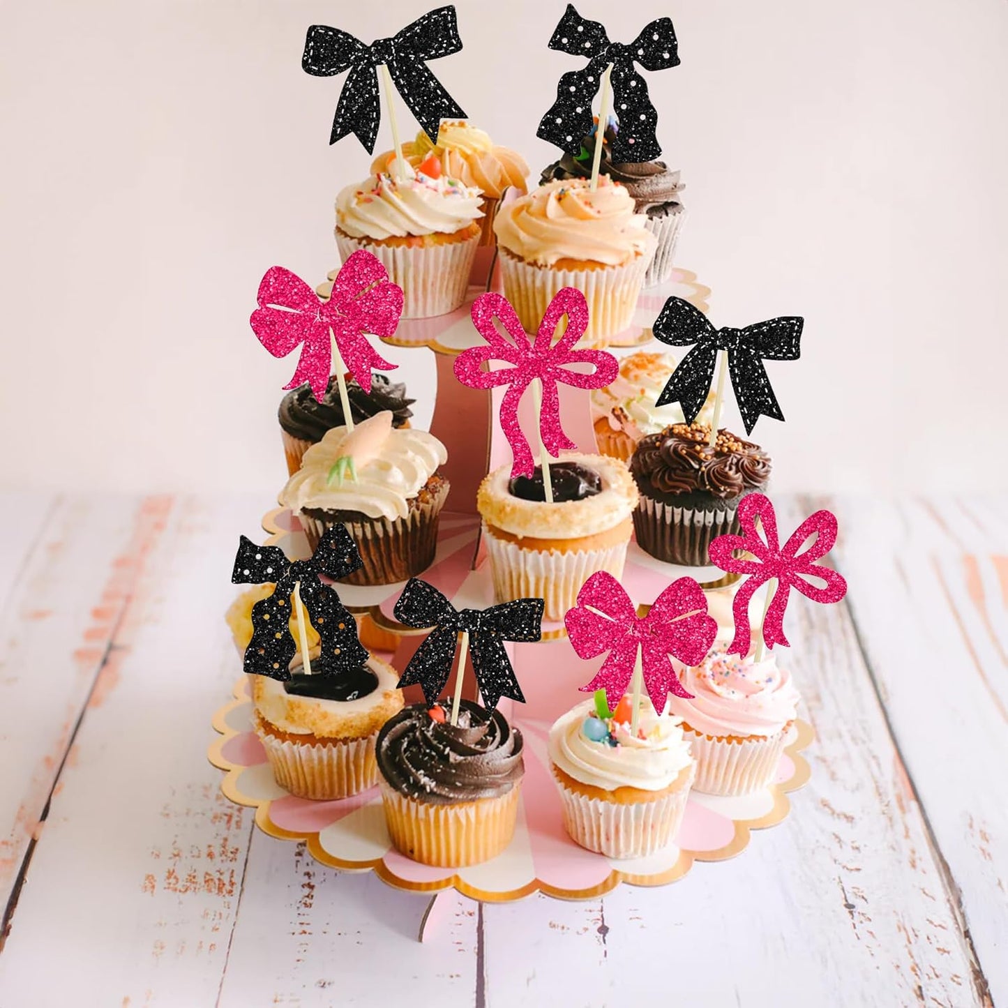 Ephlyn 24Pcs Pink Bow Cupcake Toppers Bow Birthday Cake Topper Girls Birthday Party Decorations Bowknot Cupcake Decorations for Bridal Baby Shower Birthday Wedding Themed Party Black Rose Red